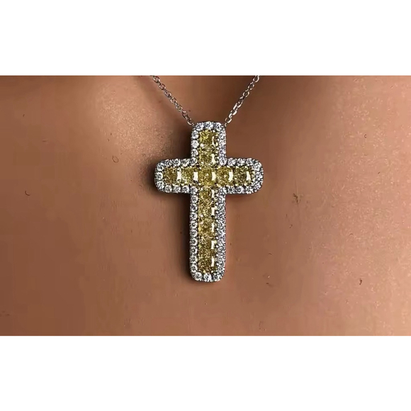 NEW White Gold‎ Filled Synthetic Diamond Citrine Cross Pendant Necklace, 16-18” - Picture 10 of 10